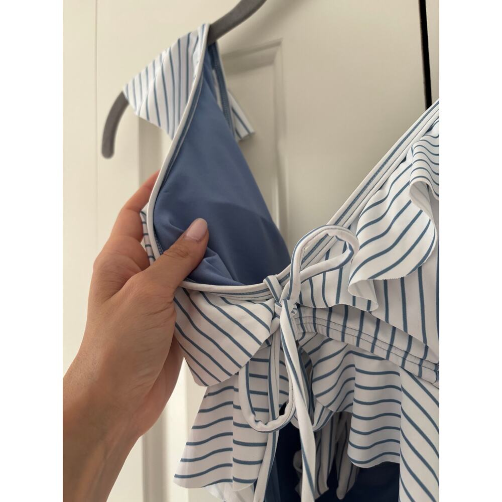 E.O.Menie Blue Striped Ruffle One-Piece Swimsuit S - Picture 4 of 6